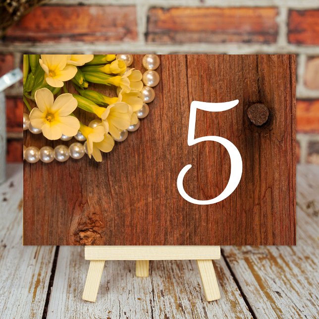 Yellow Flowers, Barn Wood Pearls Country Wedding Table Number (Creator Uploaded)