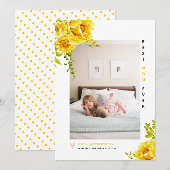 Yellow flowers Best Mum Ever Mother's Day photo Holiday Card (Front/Back)