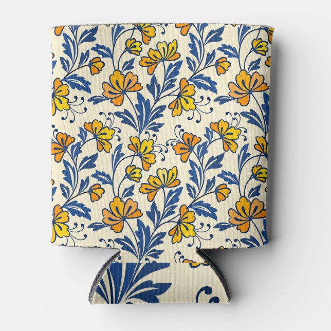 Yellow flowers, blue leaves, seamless design. can cooler (Front)