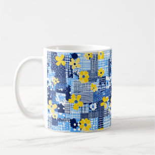 Yellow Flowers Blue Pattern Coffee Mug