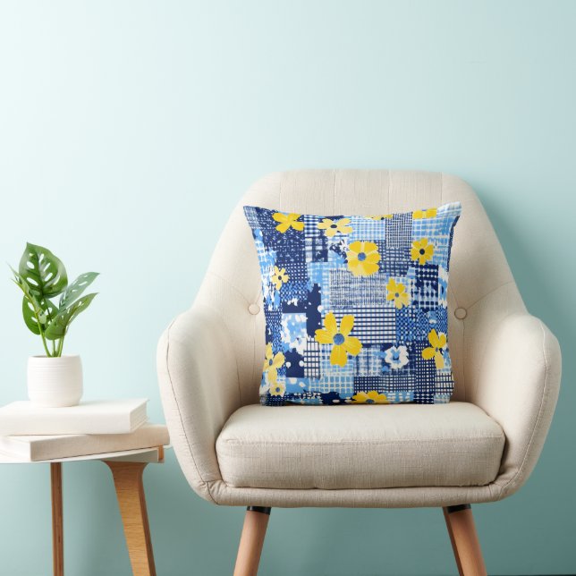 Yellow Flowers Blue Pattern Cushion (Chair)