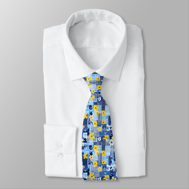 Yellow Flowers Blue Pattern Tie (Tied)