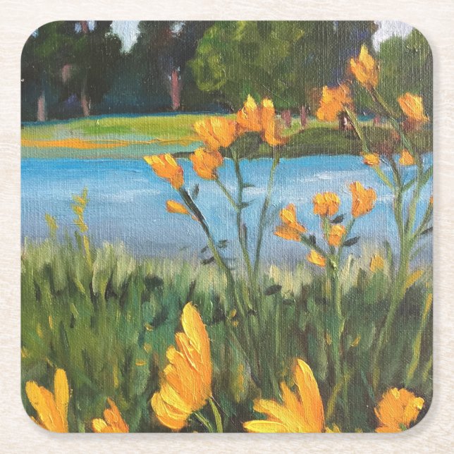 Yellow Flowers Blue Water Green Trees Landscape Square Paper Coaster (Front)