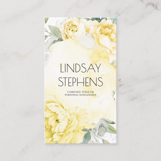 Yellow Flowers Botanical Greenery Modern Elegant Business Card (Front)