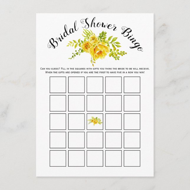 Yellow flowers bridal shower bingo game card (Front)