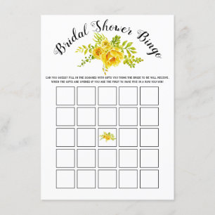 Yellow flowers bridal shower bingo game card
