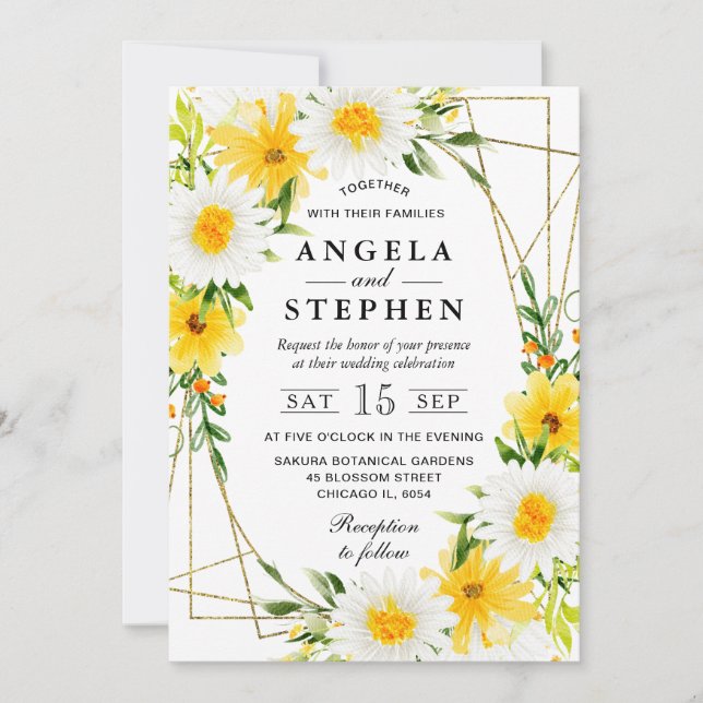 Yellow Flowers Daisies Gold Frame Wedding Invitation (Front)