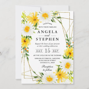 Yellow Flowers Daisies Gold Frame Wedding Invitation