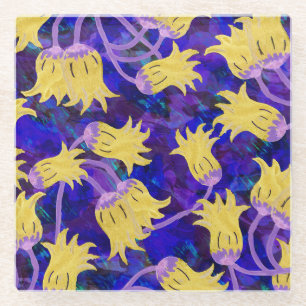 Yellow flowers: dark background watercolor artwork glass coaster