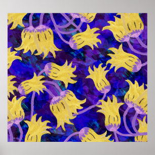 Yellow flowers: dark background watercolor artwork poster