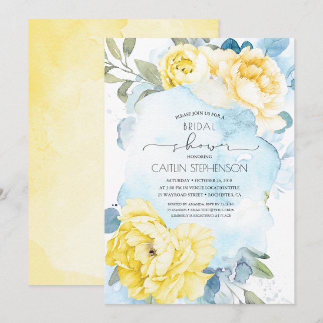 Yellow Flowers Dusty Blue Greenery Bridal Shower Invitation (Front/Back)