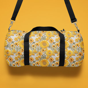 Yellow Flowers Faux Embroidered Floral Pattern Duffle Bag