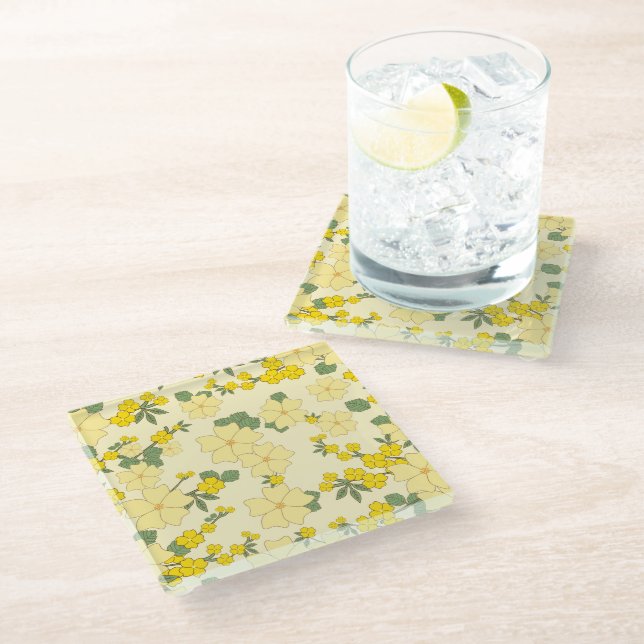 Yellow Flowers, Floral Pattern, Pattern Of Flowers Glass Coaster (Angled)