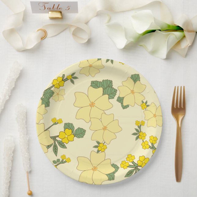 Yellow Flowers, Floral Pattern, Pattern Of Flowers Paper Plate (Wedding)