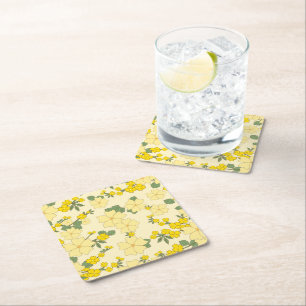 Yellow Flowers, Floral Pattern, Pattern Of Flowers Square Paper Coaster