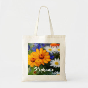 Yellow Flowers Floral with Personalized Name Tote Bag