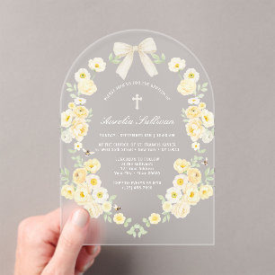 Yellow Flowers Frame Bow Baptism Acrylic Invitations