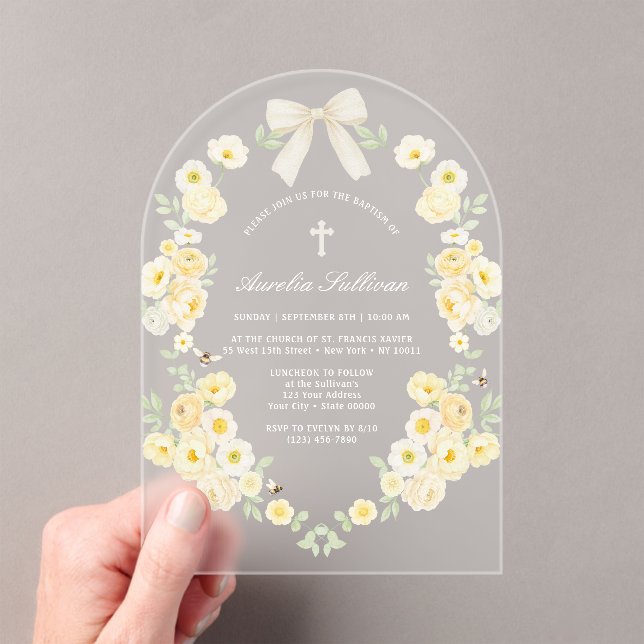 Yellow Flowers Frame Bow Baptism Acrylic Invitations (Insitu (Handheld))