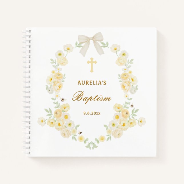 Yellow Flowers Frame Bow Baptism Guest Book (Front)