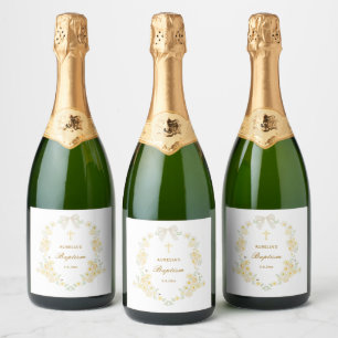 Yellow Flowers Frame Bow Baptism Sparkling Wine Label