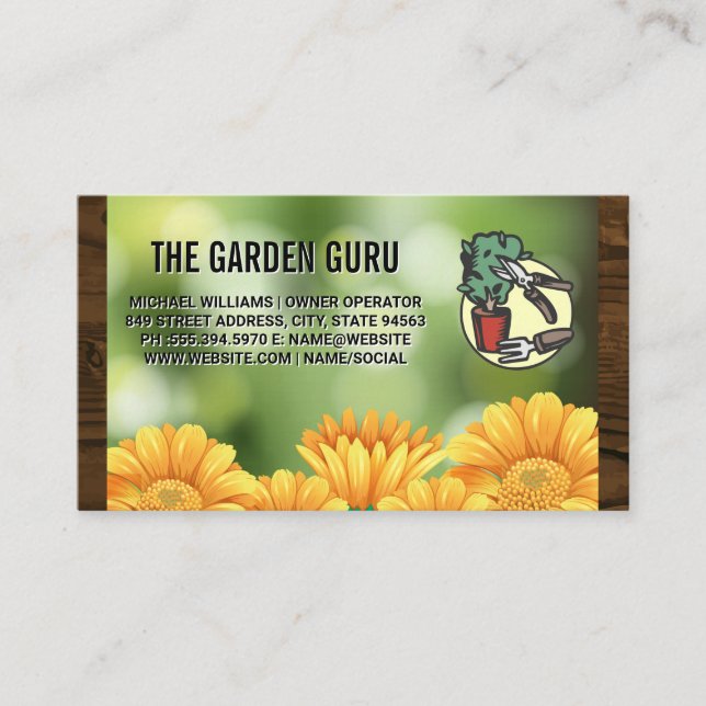 Yellow Flowers | Gardening Tools Business Card (Front)