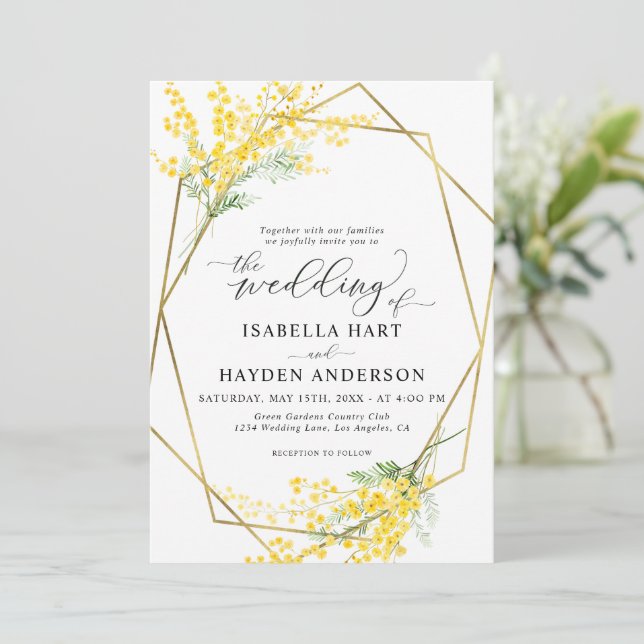 Yellow Flowers Golden Floral Gold Frame Wedding Invitation (Standing Front)