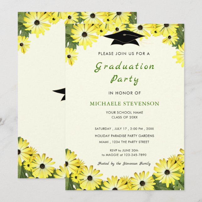 Yellow Flowers Graduation Invitation Template (Front/Back)