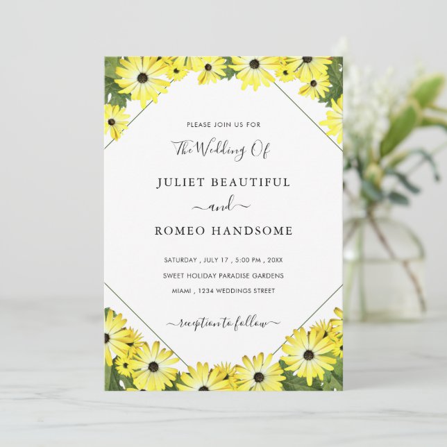 Yellow Flowers Greenery Modern Wedding Invitation (Standing Front)
