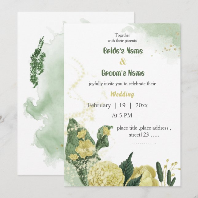 yellow flowers greenery wedding invitation (Front/Back)