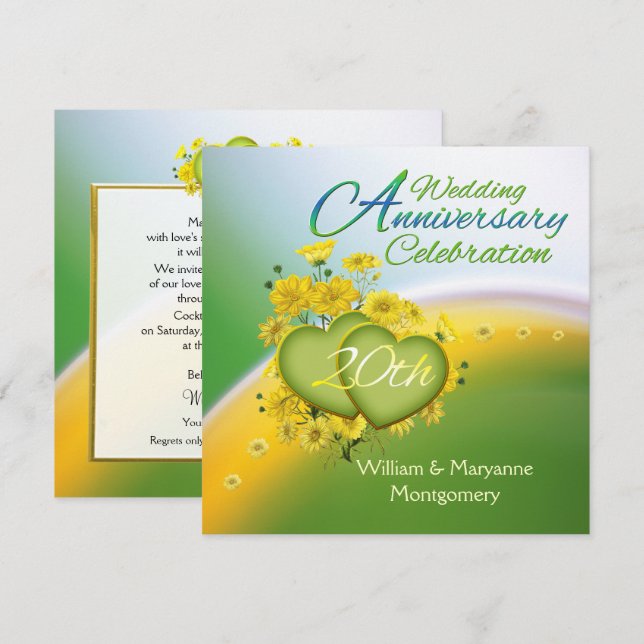 Yellow Flowers Hearts 20th Anniversary Party Invitation (Front/Back)
