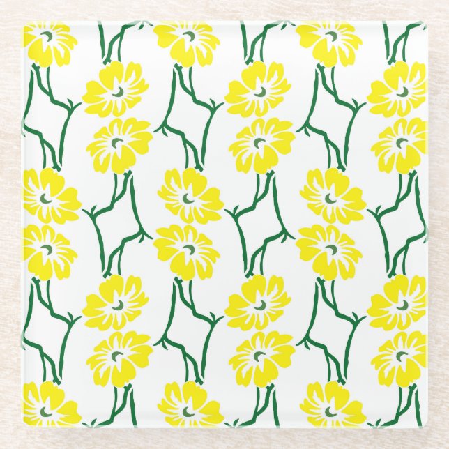Yellow Flowers: Illustrated Seamless Pattern Glass Coaster (Front)