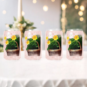 Yellow Flowers in Basket – Vintage Floral Sticker Can Glass