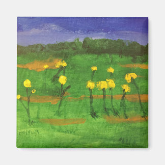 Yellow flowers in field painting magnet