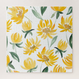 Yellow Flowers Leaf Summer Pattern Jigsaw Puzzle