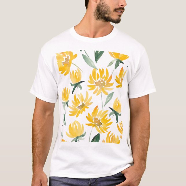 Yellow Flowers Leaf Summer Pattern T-Shirt (Front)