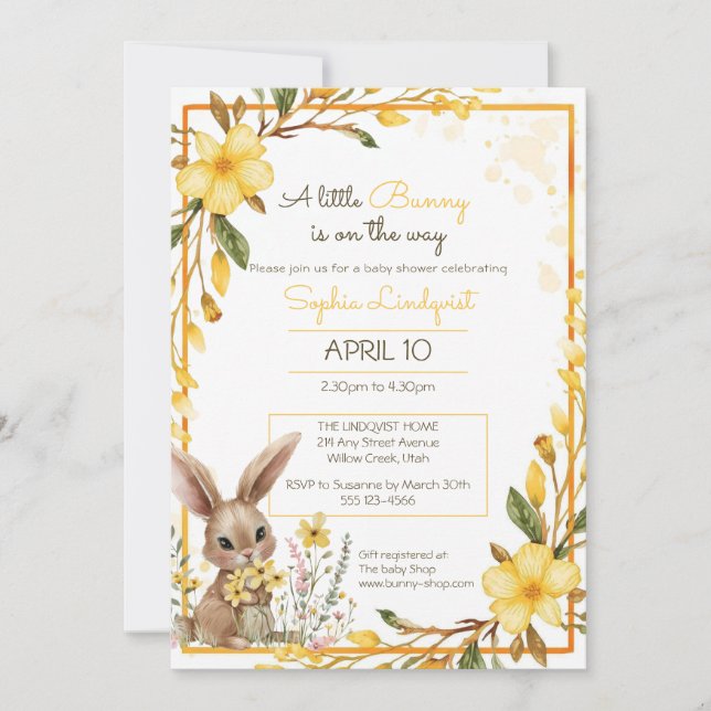 Yellow Flowers Little Bunny On The Way Baby Shower Invitation (Front)