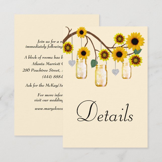 Yellow Flowers Mason Jars Wedding Details Enclosure Card (Front/Back)