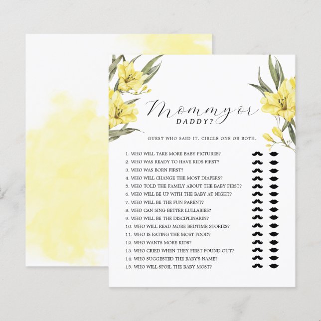 Yellow Flowers Mummy or Daddy Baby Shower Game (Front/Back)