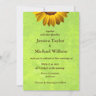 Yellow Flowers on Abstract Green Monogram Invitation