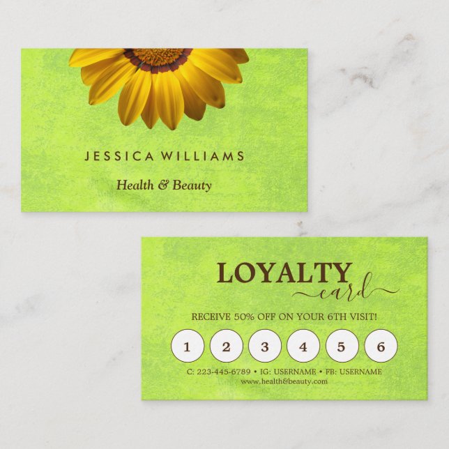 Yellow Flowers on Abstract Green Monogram Loyalty Card (Front/Back)