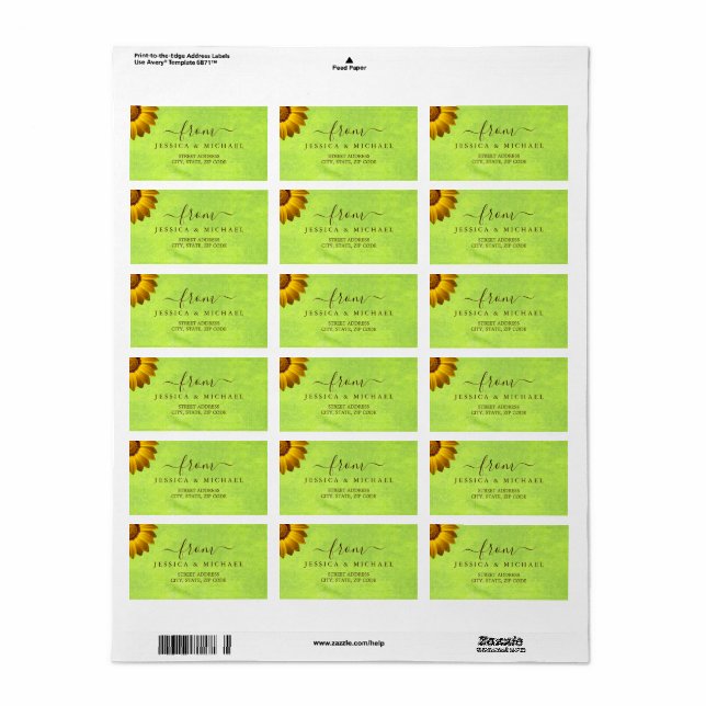 Yellow Flowers on Abstract Green Wedding Label (Full Sheet)