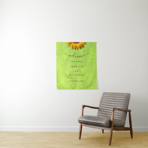 Yellow Flowers on Abstract Green Wedding Tapestry