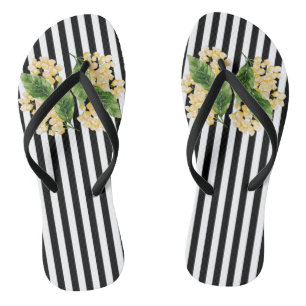 Yellow flowers on black and white stripes flip flops