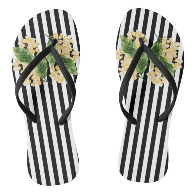 Yellow flowers on black and white stripes flip flops (Footbed)