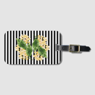 Yellow flowers on black and white stripes luggage tag