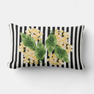 Yellow flowers on black and white stripes lumbar cushion