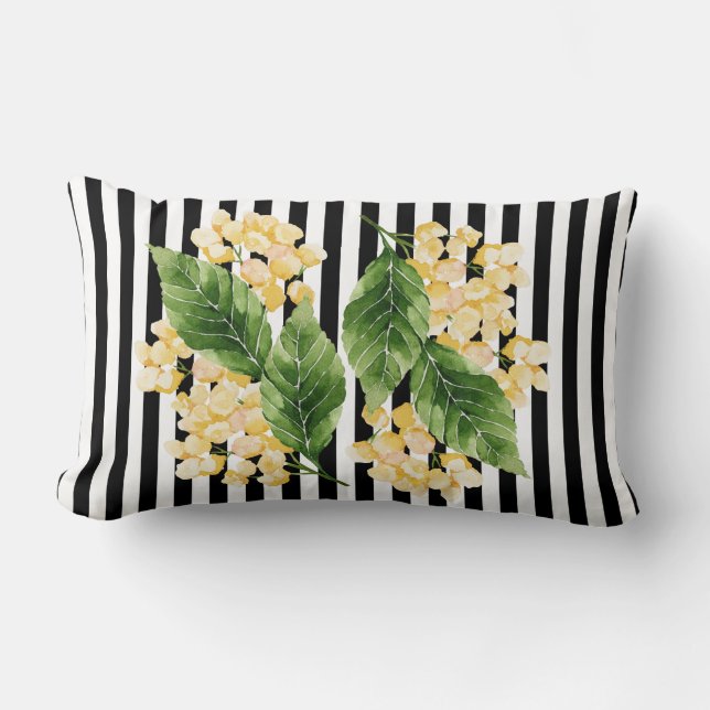 Yellow flowers on black and white stripes lumbar cushion (Front)