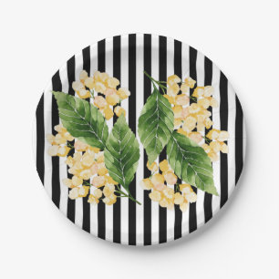 Yellow flowers on black and white stripes paper plate