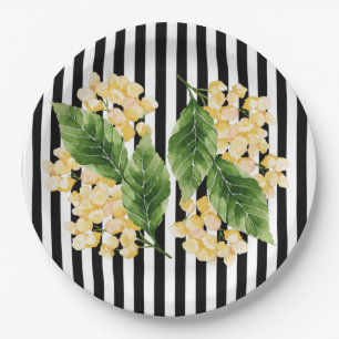 Yellow flowers on black and white stripes paper plate