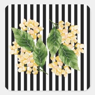 Yellow flowers on black and white stripes square sticker